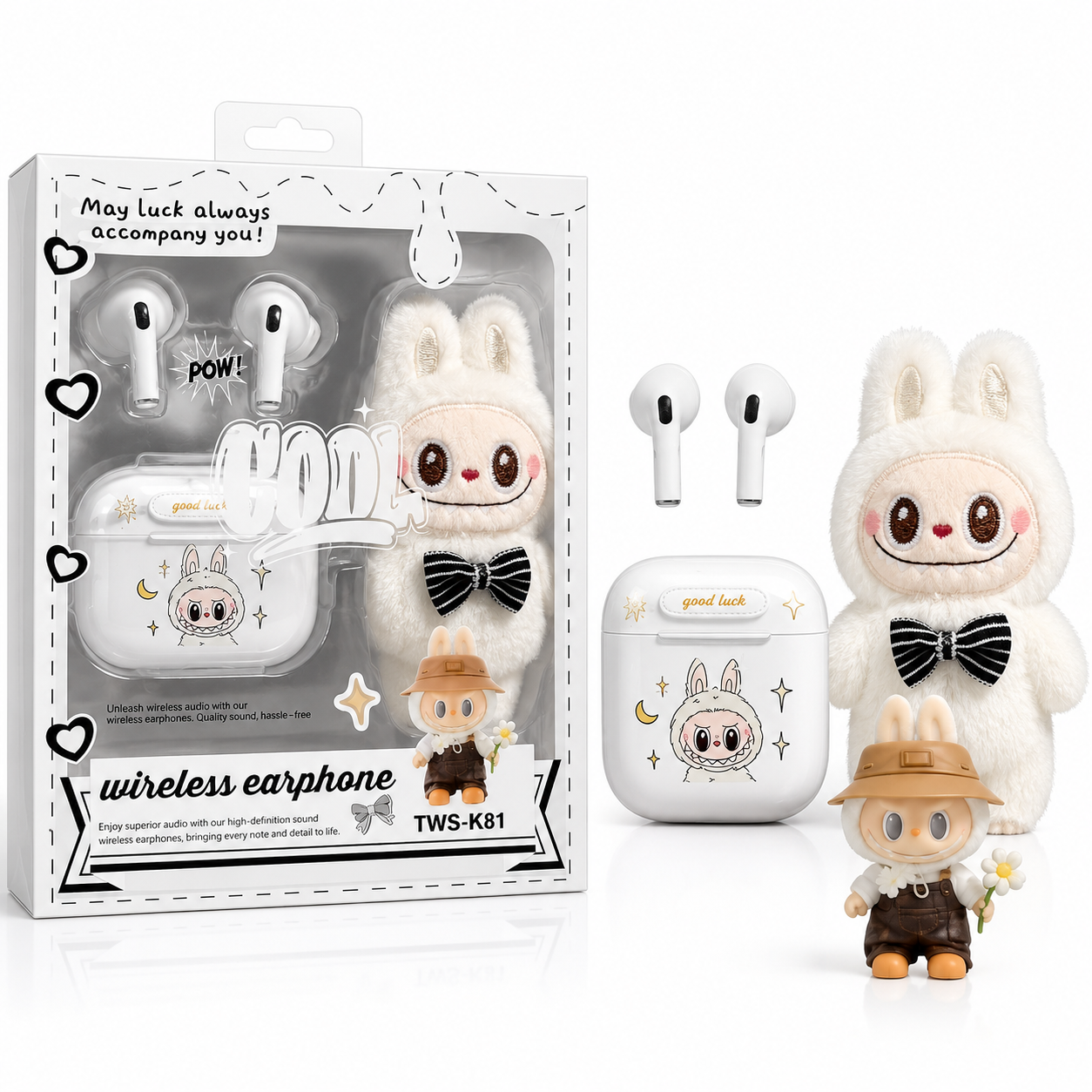 Labubu Wireless Bluetooth Earbuds with Plush Bunny Toy – Cute TWS Earphones Gift Set (TWS-K81)