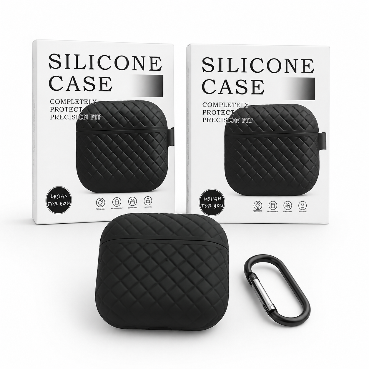 Premium Silicone Protective Case for AirPods with Carabiner | Shockproof Cover (Black)