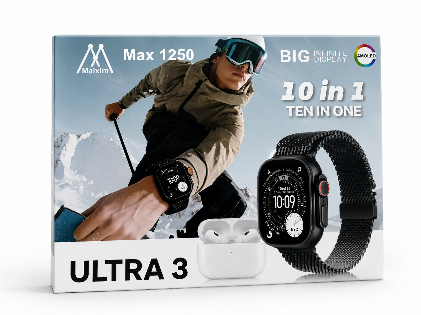 Ultra 3 Smart Watch 10-in-1 with AMOLED Display & Wireless Earbuds – Max 1250 (Black)