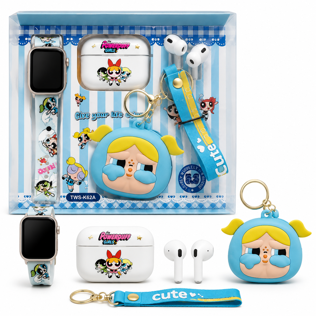 Powerpuff Girls Wireless Earbuds Gift Set with Smart Watch, Keychain & Silicone Case – TWS-K62A