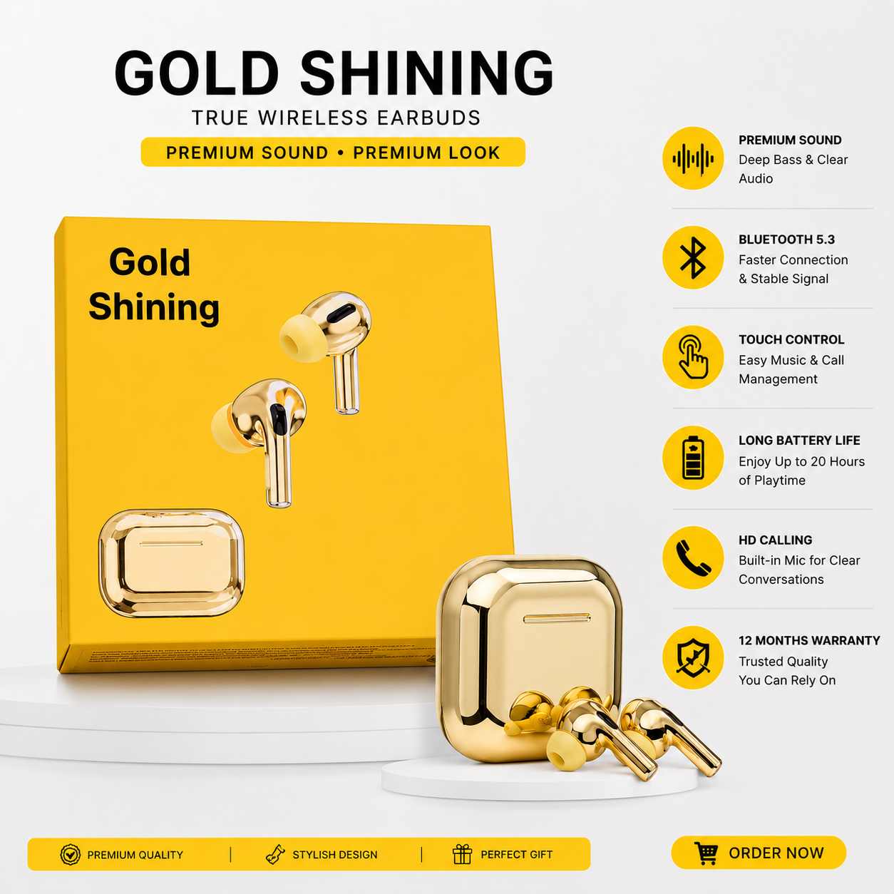 Gold Shining True Wireless Earbuds – Bluetooth 5.3 | Premium Sound | Gold Color